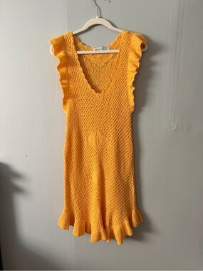 Free People Beach Mykonos Fauxchet Sweater Mini Dress – Golden Yellow – Size Lar